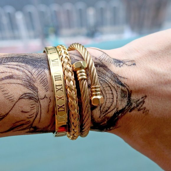 3 Piece Royal Roman Bracelets Bangles Adjustable Gold - Picture 1 of 8